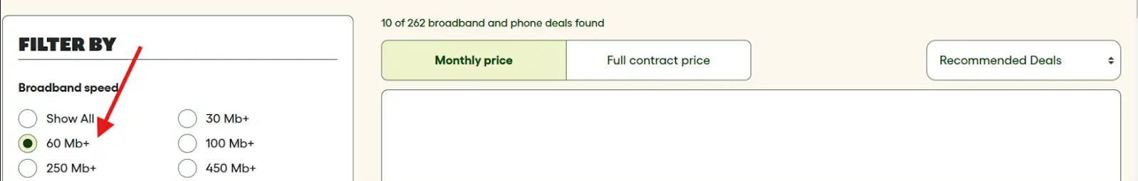 Arrow pointing at broadband speed filters